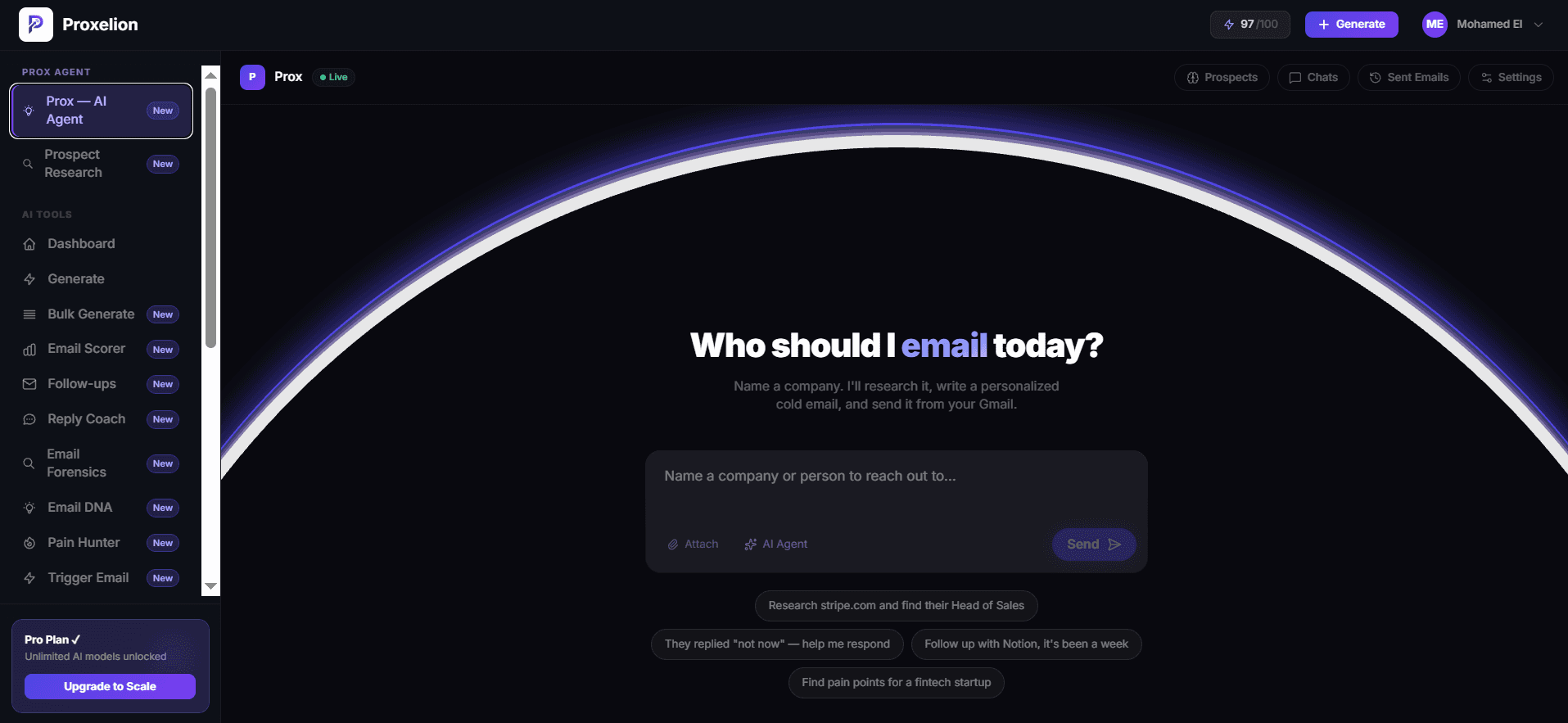 Proxelion dashboard — email generator with scoring